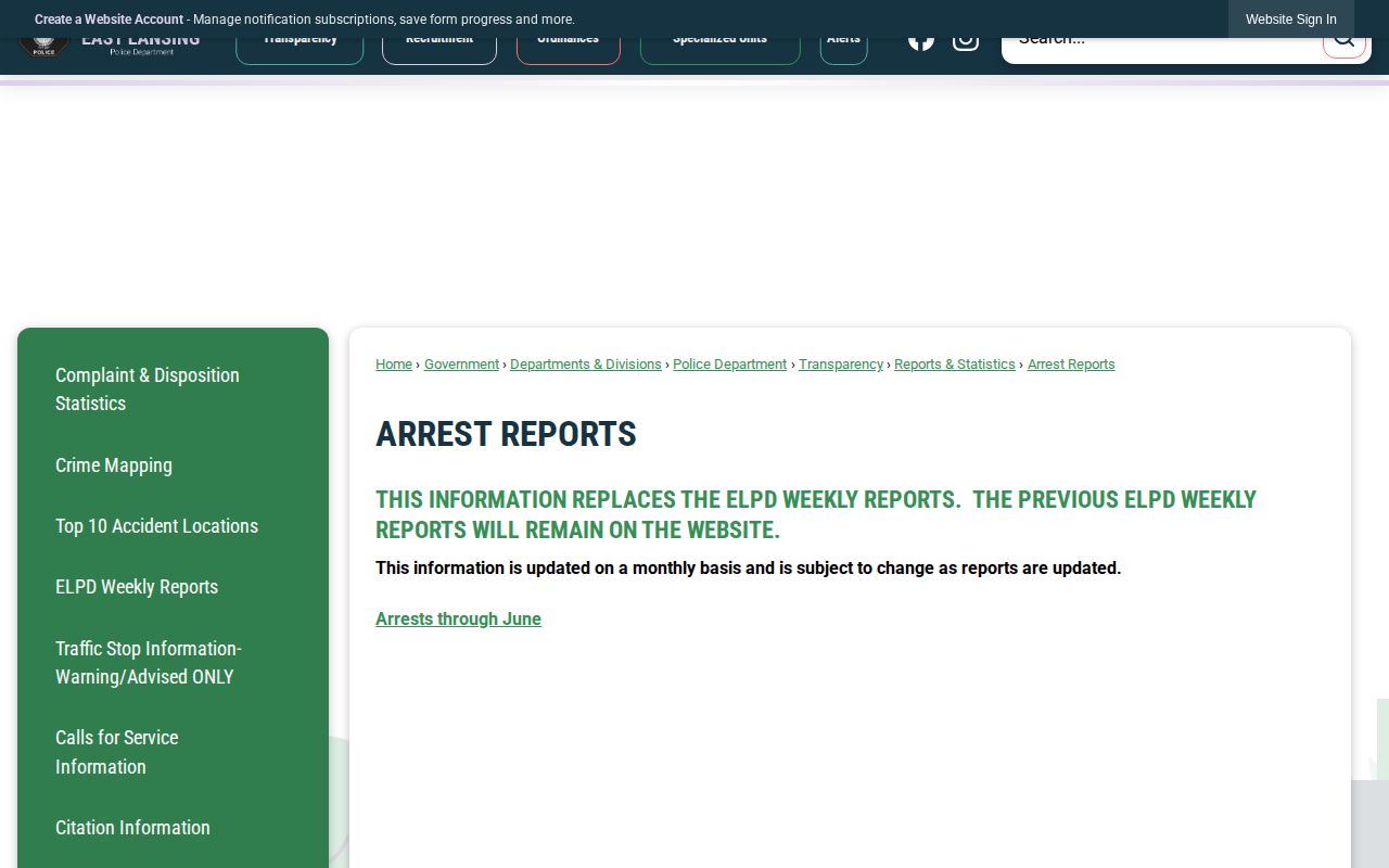 East Lansing monthly arrest reports relevant to Clinton County bookings